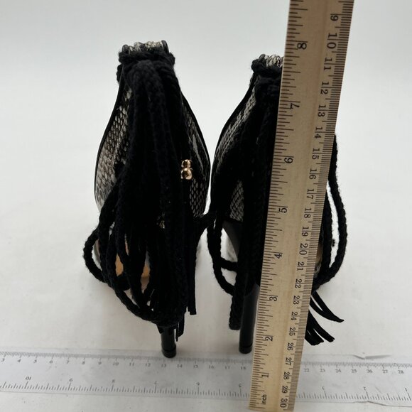 Black Sanke Print Tassels Lace Up Sandals Open Toe High Heel Fringed Shoes - Picture 4 of 6